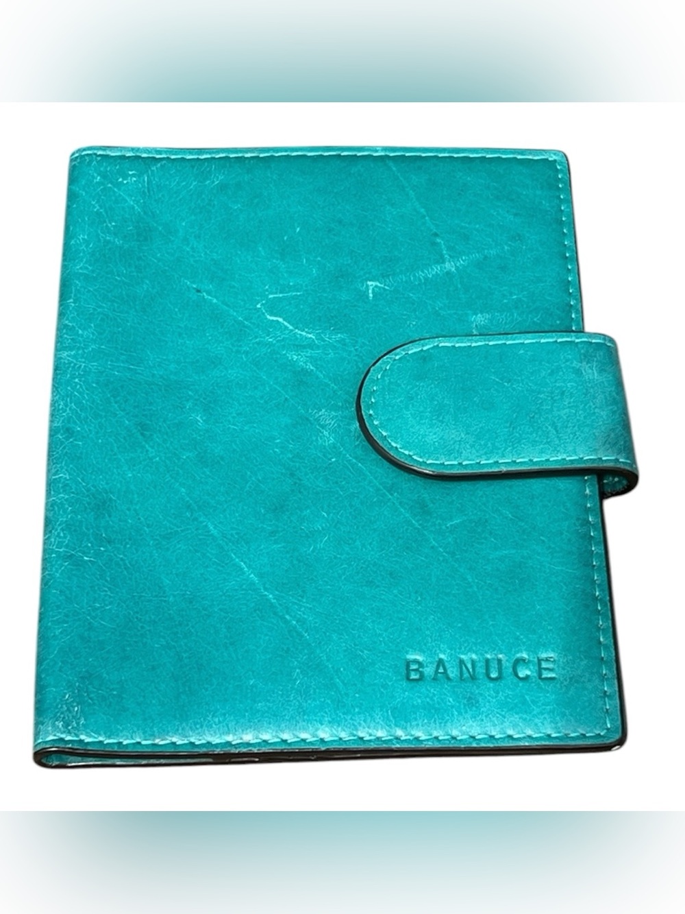 Banuce teal leather passport folder wallet with card slots and snap closure